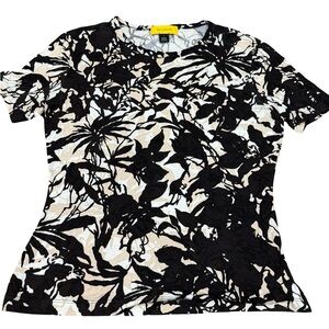 ✨ St. John Black White Tan Floral Short-Sleeve Top Size M
